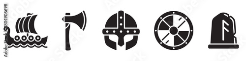 A set of black silhouette icons representing ancient Norse culture, including a longship, battle axe, warrior helmet, round shield, and a runestone with a symbol