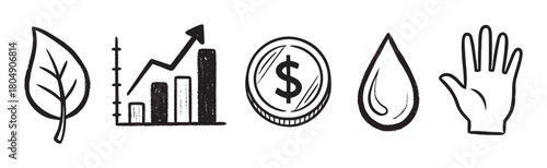 A set of hand-drawn icons representing sustainability concepts like nature, financial growth, investment, water resources, and social responsibility in a minimalist sketch style