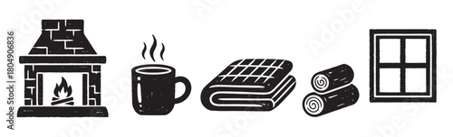 A set of rustic, hand-drawn icons representing home comfort, including a stone fireplace, a steaming mug, a folded blanket, firewood logs, and a window in a black linocut style