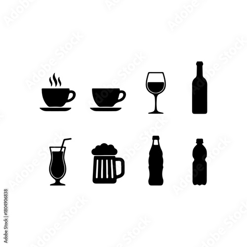 A minimalist vector set of 8 solid black beverage silhouettes: coffee, tea, wine, cocktail, beer, soda, and water bottles. Ideal for cafe menus, packaging, and commercial use.