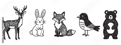 A charming collection of hand-drawn woodland creatures, including a deer, rabbit, fox, bird, and bear, presented in a simple black and white sketchy illustration style for kids