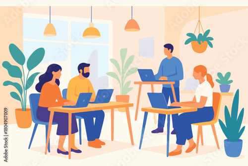 Diverse team collaborating and working together in a modern office space