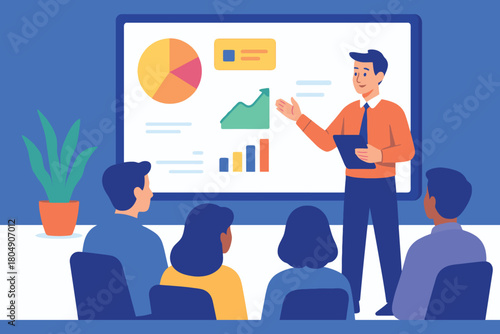 Business presentation with charts and graphs on a screen and audience listening