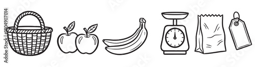 A set of hand-drawn grocery shopping icons including a basket, apples, bananas, a scale, a paper bag, and a price tag in a simple black and white line art style