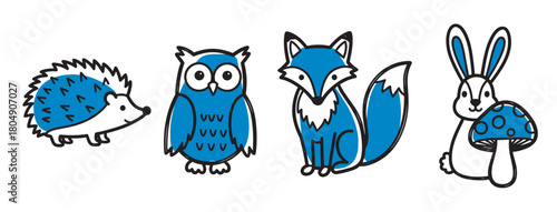 A charming collection of hand-drawn woodland animals including a hedgehog, owl, fox, and a rabbit holding a mushroom, illustrated in a simple blue and black doodle style for kids