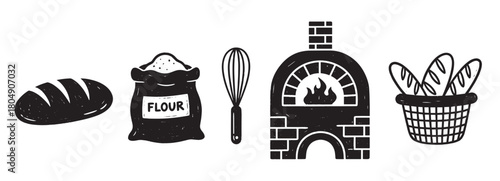 A rustic, hand-drawn illustration set of baking essentials in monochrome, featuring a brick oven, flour sack, whisk, bread loaf, and a basket of fresh baguettes