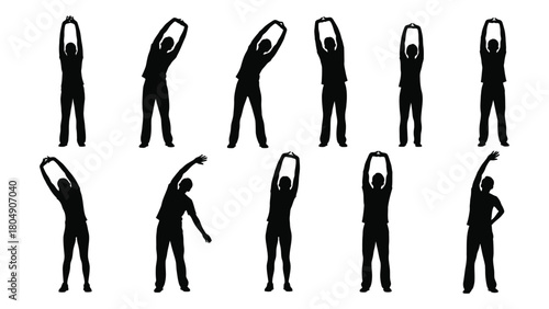 Silhouettes of people stretching exercises isolated on white background, Vector