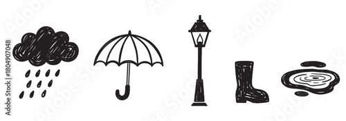 Collection of monochrome weather-related illustrations featuring a rain cloud, umbrella, street light, rubber boot, and puddle, all in a charming hand-drawn sketch style