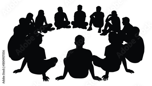 Group of people sitting in a circle silhouette isolated on white background, Vector