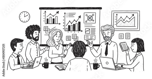A diverse team of business professionals collaborates in a conference room, analyzing data charts and graphs on a presentation screen in a hand-drawn sketch illustration