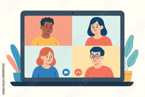 Diverse group of people on a video conference call on a laptop screen