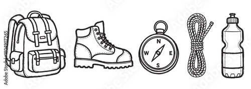 A collection of hand-drawn hiking and camping equipment icons, including a backpack, boot, compass, rope, and water bottle, illustrated in a simple black and white line art style