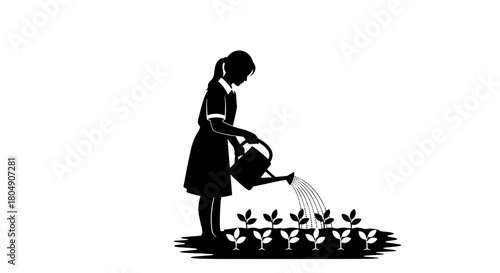 Student watering seedlings in school garden on transparent background