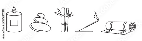 A collection of minimalist line art icons representing spa and wellness concepts, including a lit candle, stacked zen stones, bamboo stalks, incense, and a rolled yoga mat