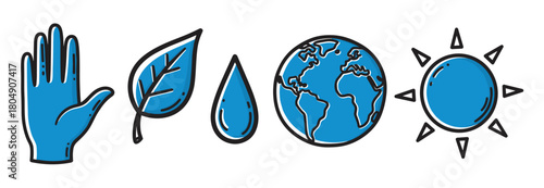 A set of blue hand-drawn icons representing environmental concepts, featuring a human hand, a leaf, a water drop, planet earth, and the sun in a simple doodle style