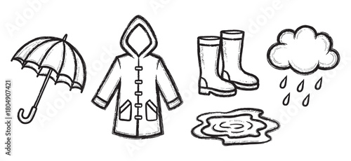 A collection of hand-drawn rainy day essentials including an umbrella, raincoat, rubber boots, a puddle, and a cloud with raindrops, all depicted in a sketchy black ink style