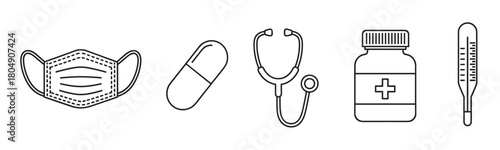 A collection of healthcare and medicine symbols, including a surgical mask, capsule, stethoscope, pill bottle, and thermometer, presented as a simple black outline icon set