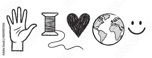 A conceptual illustration of handcrafting with love for the planet, featuring a hand, thread spool, heart, globe, and smiley face in a black and white doodle style