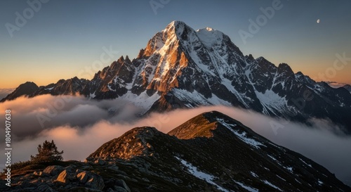 Fototapeta Naklejka Na Ścianę i Meble -  A majestic mountain peak rising above a sea of clouds at sunset, with a lone tree on the foreground and a moon in the sky.
