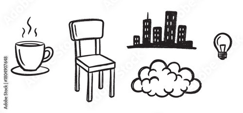 A collection of hand-drawn doodle icons including a steaming coffee cup, a chair, a city skyline, a cloud, and a lightbulb, all rendered in a rough, sketchy black ink style