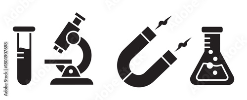Minimalist black silhouette icons for science and education, featuring a microscope, test tube, conical flask with bubbles, and a horseshoe magnet with an electric field