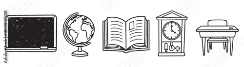 A charming set of vintage classroom objects including a blackboard, world globe, open textbook, antique clock, and student desk, illustrated in a sketchy line art style