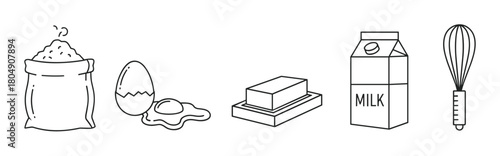 A simple collection of baking ingredients and a kitchen utensil in a minimalist line art style, featuring a flour sack, cracked egg, butter, milk carton, and a whisk