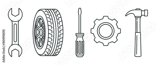 A set of car service and repair icons including a wrench, tire, screwdriver, gear, and hammer, presented in a clean, minimalist black and white line art illustration