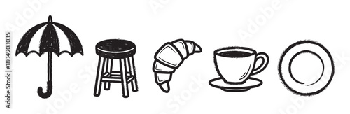 A charming set of hand-drawn black icons featuring an umbrella, stool, croissant, coffee cup, and plate, illustrated in a textured, grunge brush stroke doodle style