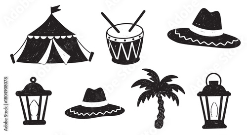 A charming collection of hand-drawn black icons with a rustic texture, featuring a circus tent, drum, wide-brimmed hat, palm tree, and vintage lanterns for festive concepts