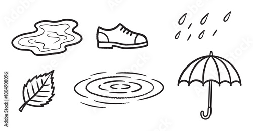 Simple black and white hand-drawn doodle illustrations of rainy autumn weather featuring an umbrella, a puddle, a shoe, a leaf, raindrops, and water ripples