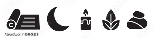 Minimalist set of black silhouette symbols for esoteric themes, featuring a parchment, moon, burning candle, plant, and zen rocks in a simple graphic style