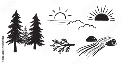 A collection of hand-drawn nature icons including pine trees, a sun, clouds, a river, and a branch, all rendered in a rustic and textured black and white sketch style