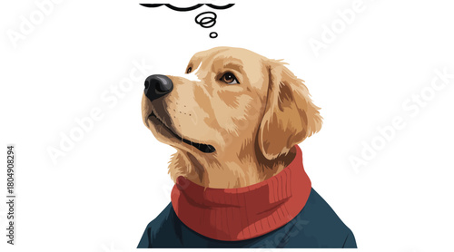 Cute golden retriever in a warm sweater gazing upward with a confused look, ideal for funny pet portraits, cartoon designs, and charming animal-themed graphics.