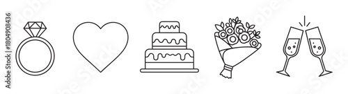 Minimal black outline icons for a wedding or engagement celebration, featuring a diamond ring, a heart, a tiered cake, a floral bouquet, and toasting champagne glasses