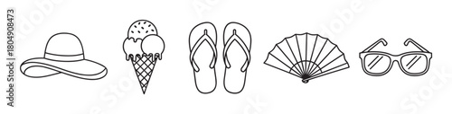 A collection of summer vacation essentials including a sun hat, ice cream cone, flip-flops, hand fan, and sunglasses, presented as a simple black and white line art icon set