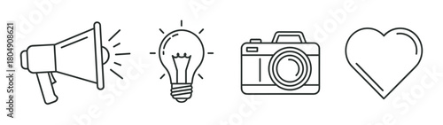 A row of linear icons featuring a bullhorn for promotion, a lightbulb for ideas, a camera for content, and a heart for likes, representing digital marketing concepts