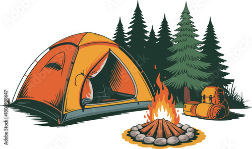 Camping Scene Featuring Tent Bonfire and Backpack in Woods Graphic Illustration of Outdoor Adventure Recreational Activity and Nature