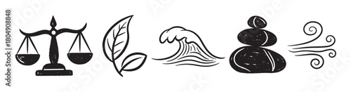 A set of five hand-drawn icons representing balance and nature, including scales of justice, a leaf, a water wave, stacked zen stones, and wind swirls in a rough doodle style