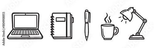 A set of hand-drawn doodle icons representing a workspace, featuring a laptop, notebook, pen, steaming coffee mug, and desk lamp in a simple black and white line art style
