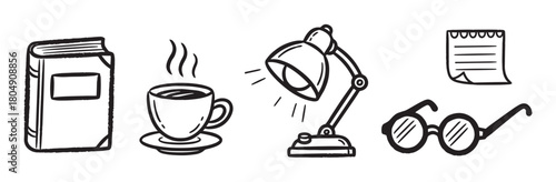 A set of hand-drawn doodle icons representing reading and studying, including a book, coffee cup, desk lamp, glasses, and a note, in a simple black and white line art style