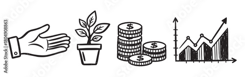 A set of hand-drawn doodle icons showing a hand gesture, a growing plant, stacks of coins, and a rising graph, representing business investment, finance, and economic growth