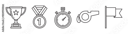 A set of minimalist outline icons for sports and winning, featuring a champion's trophy cup, a number one medal, a timer, a referee's whistle, and a pennant symbol