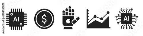 Collection of minimalist black icons including an AI microchip, dollar coin, robotic hand, and growth chart, symbolizing technology and financial markets