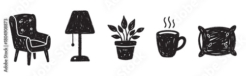 A collection of cozy hand-drawn home items including an armchair, floor lamp, potted plant, steaming mug, and a soft pillow, rendered in a textured doodle style