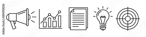 A collection of essential business and marketing symbols drawn in a simple line art style, featuring a bullhorn, data graph, report, creative idea, and objective target