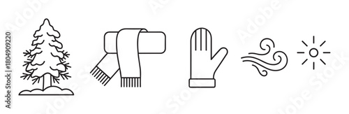 A set of winter weather and clothing icons including a snowy pine tree, a warm scarf, a mitten, a wind symbol, and a sun, all depicted in a simple black line art style