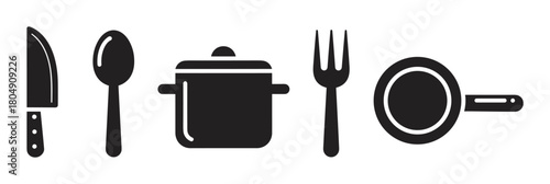 A minimalist set of black kitchen and cooking icons, including a knife, spoon, pot, fork, and frying pan, presented in a clean, graphic vector illustration style