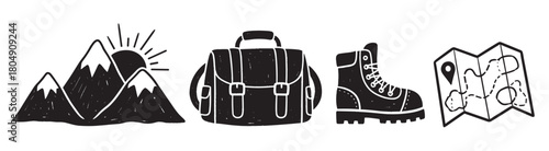 A set of four black and white hand-drawn icons for hiking and adventure, including mountains, a backpack, a boot, and a map, in a simple linocut doodle style