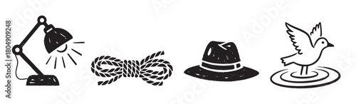 A set of four black ink icons with a textured stamp effect, featuring a desk lamp, coiled rope, a classic fedora hat, and a bird taking flight from water ripples
